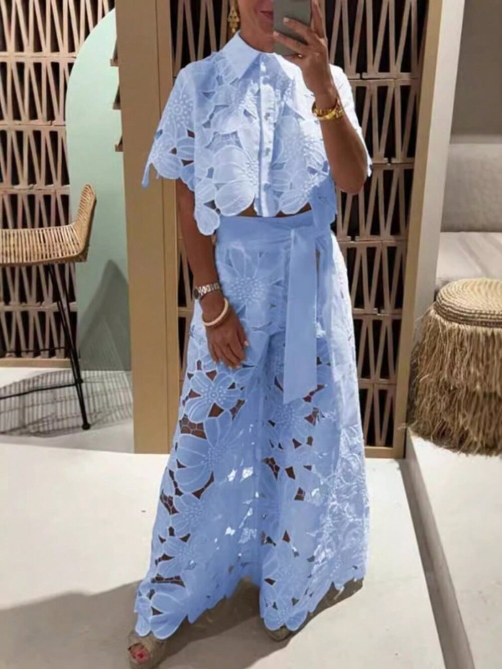 Blue Chic Women's Two-Piece Lace Set with Cape-Sleeve Top and High-Waisted Pants